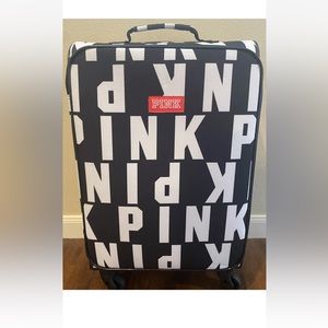 Victoria’s Secret Pink Logo Suitcase Black/White Rolling Wheels Size 20x14x7”